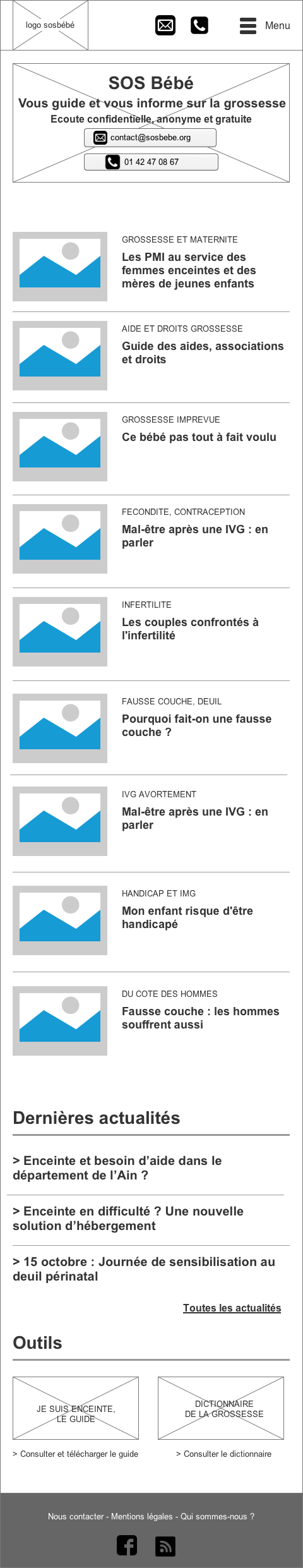 Wireframe page d'accueil, version moble